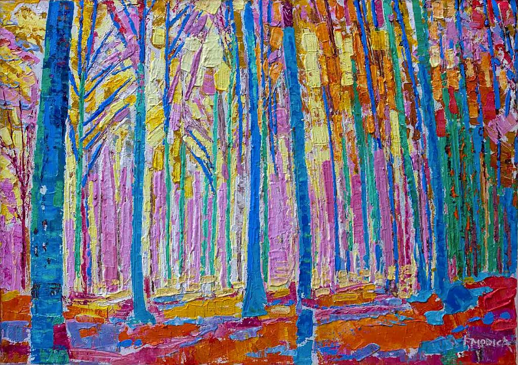 Fabio Modica | Dawn in the Pinewood - 19,9x27,5 inches - mixed media on canvas - Sorelle Gallery - USA