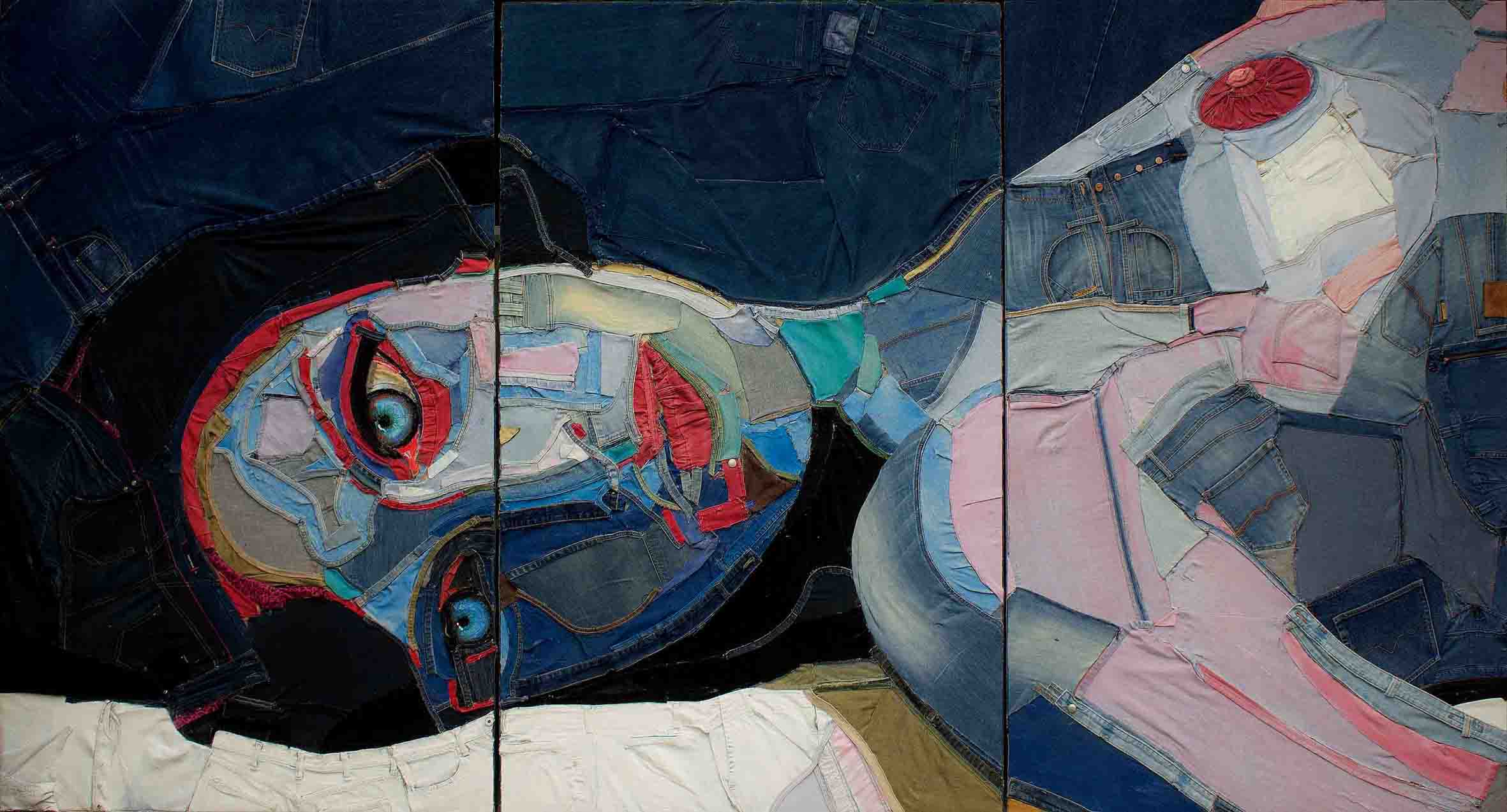 Fabio Modica | Undressed woman - Jeans and acrylic on table - cm 300x170 - 118x71 inches (triptych) - 2013 | Lowe Gallery - USA